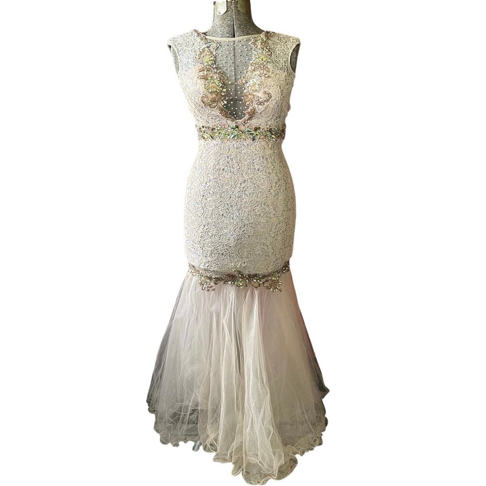 Mermaid Beaded Lace Prom Evening Gown 2 Illusion Bodice Tulle Formal Pageant